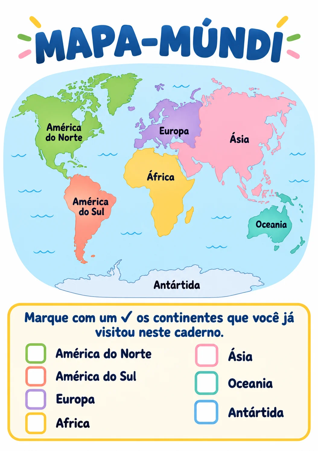 Página real do mapa-múndi com os continentes