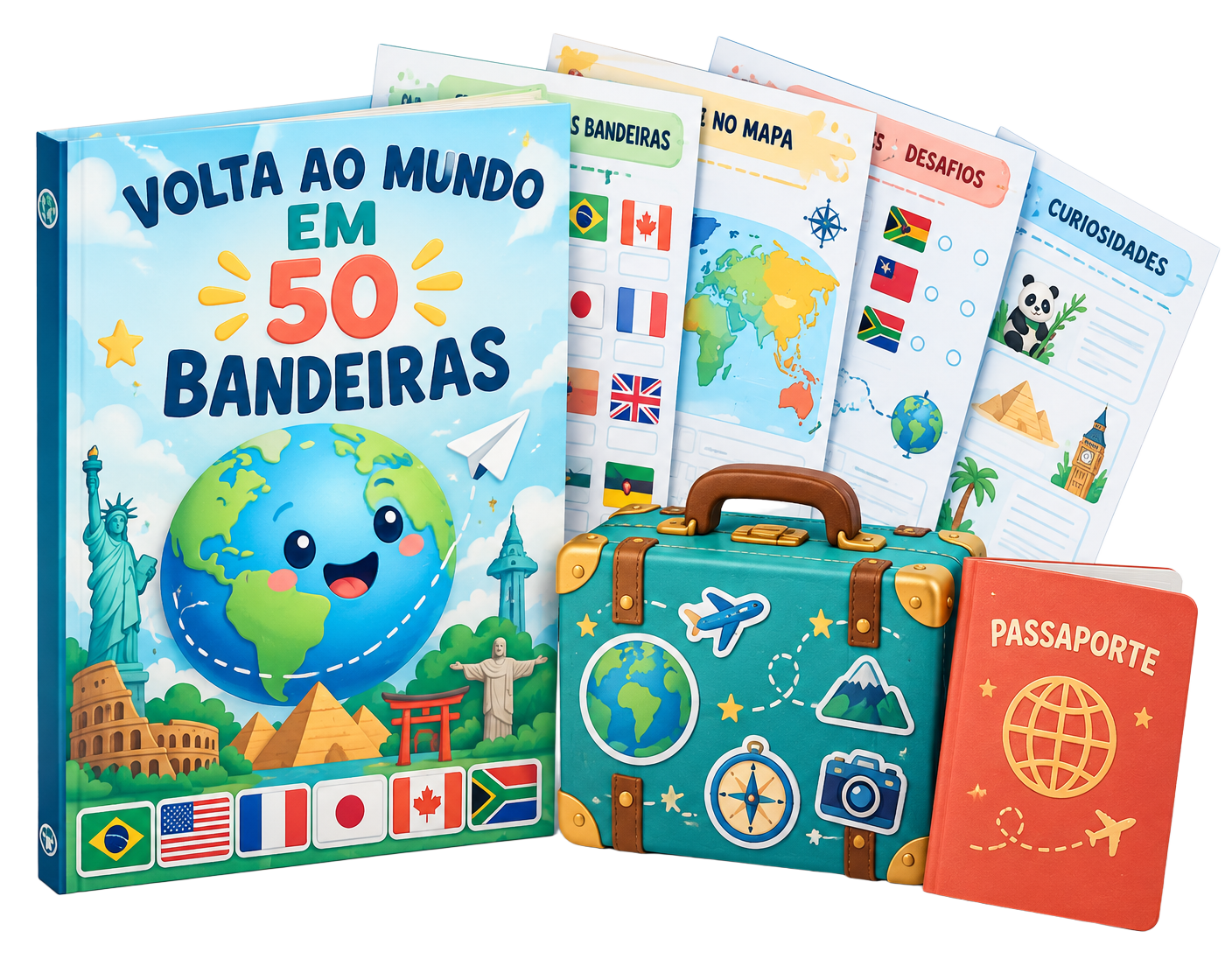 Caderno Volta ao Mundo em 50 Bandeiras com a Mala de Jogos e os Desafios do Explorador